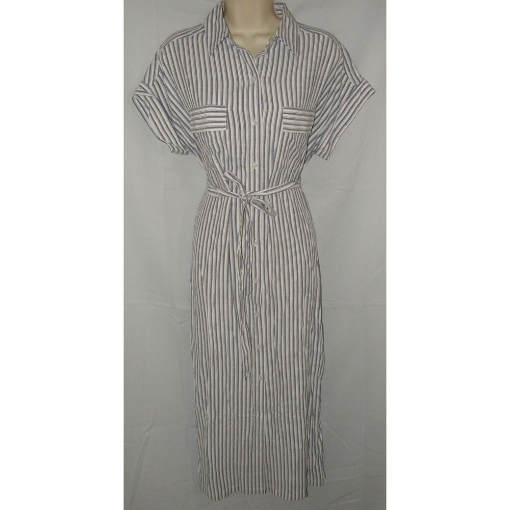 NWT Gray & White Striped Sz Small Belted Button Up Midi Shirt Dress MAX STUDIO - Picture 5 of 8